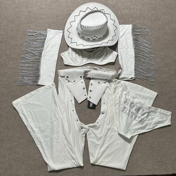 Dolls Kill Pants - Dolls Kill White Cowgirl Costume Set Rhinestone Chaps Rave Western Festival Sz L